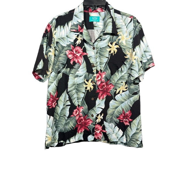 Kona Malia Button Up Shirt Men M Black Green Floral Hawaiian Casual Vacation USA - Picture 3 of 11